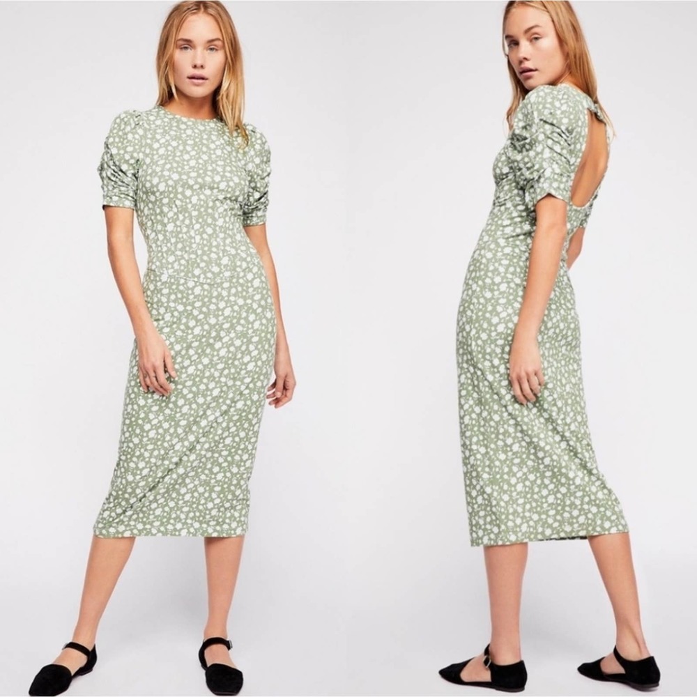 Free People Rosie Midi Dress Green Floral Knit Small